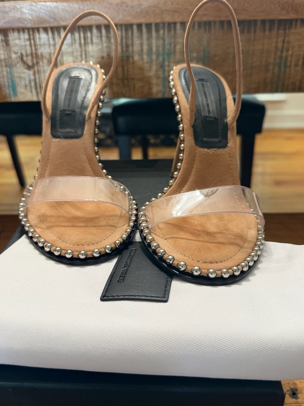 Tan Suede Slingback Heels with Clear Strap and Silver Stud Trim w/  box & bag
